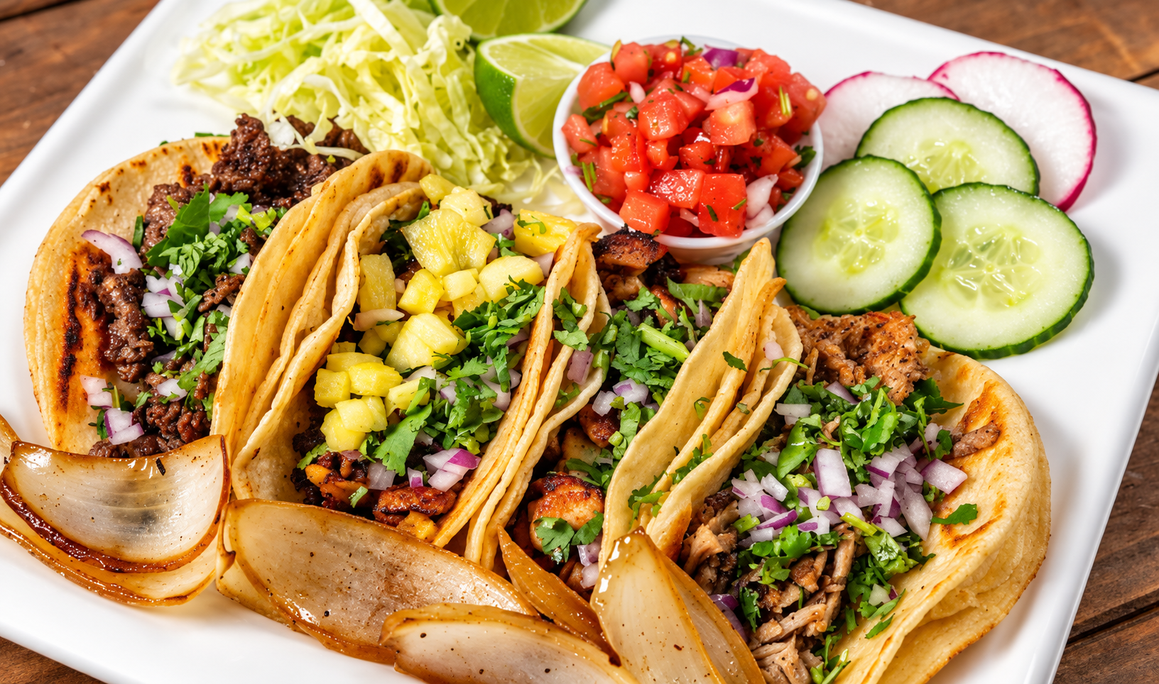 Street tacos with salsa, lime and cucumber